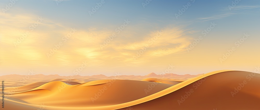 A vast desert landscape stretching into the horizon, adorned with shimmering golden sand. A vast desert landscape stretching into the horizon, adorned with shimmering golden sand.