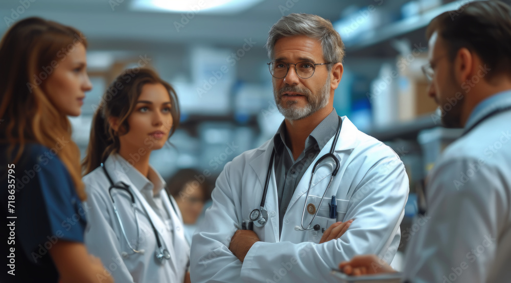 A group of doctors engaged in a serious discussion in a hospital setting, AI generated A group of doctors engaged in a serious discussion in a hospital setting, AI generated