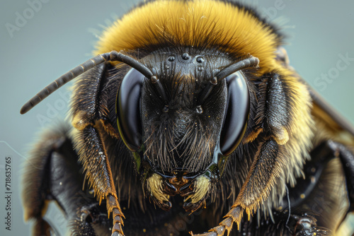 Close-up of a giant bumblebee, showcasing its intricate patterns and fuzzy texture © Venka