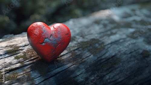 A bright red heart on old wood symbolize timeless love. Even though it's old, it still looks fresh. There's a copy space on the right for adding text for Valentine's Day or wedding presentations.