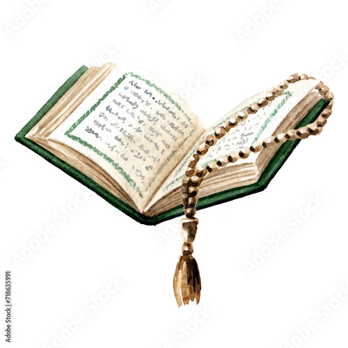 Holy Quran book. Design element for Ramadan or other religious Islamic holidays. Hand drawn watercolor illustration isolated on white background