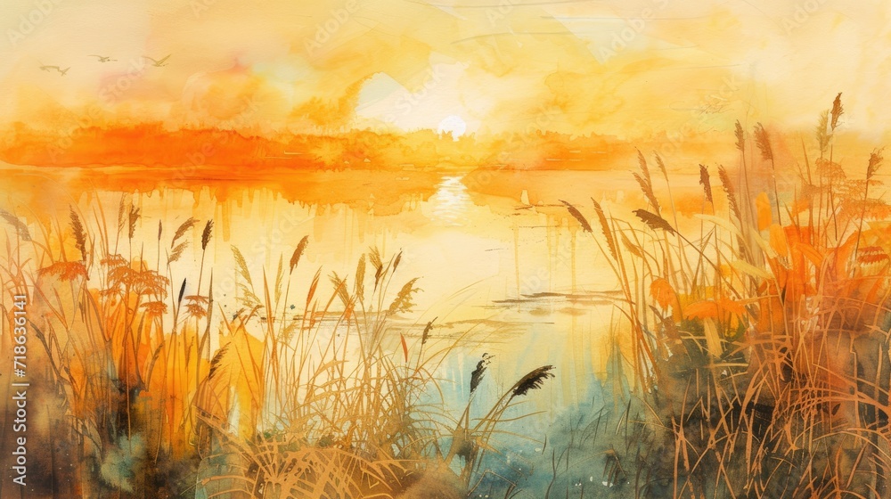 watercolor painting of sunset in the reeds and meadow - obrazy, fototapety, plakaty 