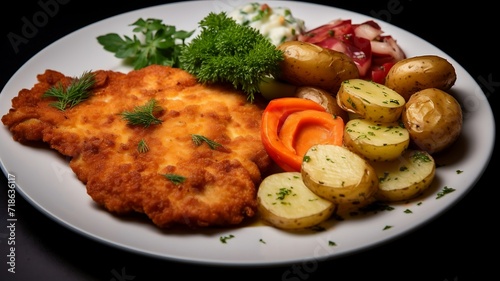 Schnitzel with potatoes and vegetables on a wooden table.