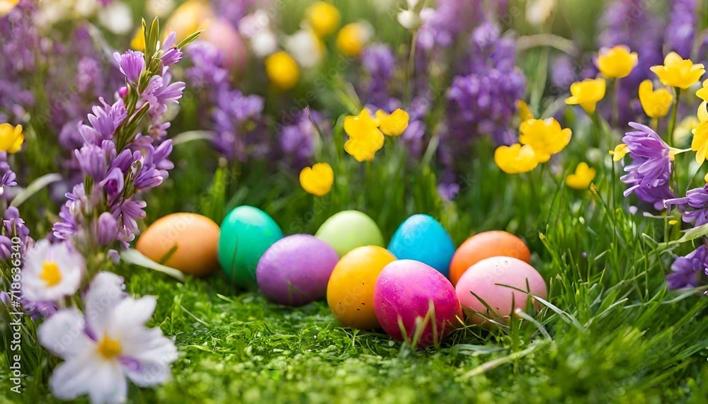 Fototapeta premium Easter egg hunt scene with vibrantly colored eggs hidden among blooming flowers and lush grass, capturing the joy and excitement of the traditional Easter activity.