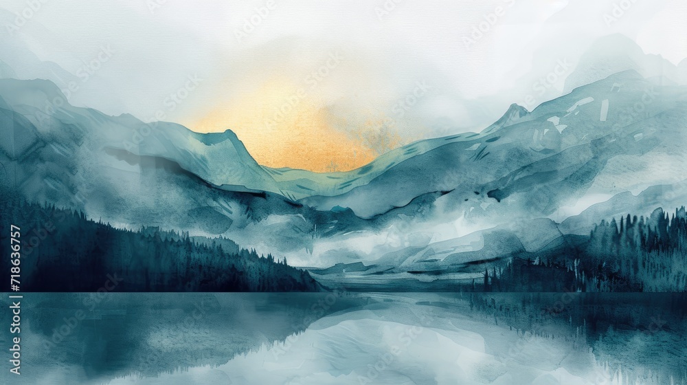 Minimal mountain landscape watercolor with brush and golden line art texture - obrazy, fototapety, plakaty 
