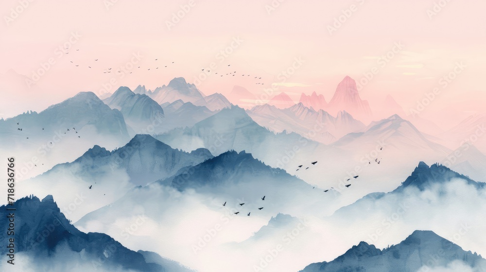 watercolor painting of Misty mountains with gentle slopes and flock of birds in sunrise sky