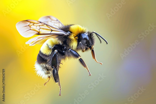 A mesmerizing macro shot capturing the graceful flight of a large bumblebee