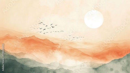 watercolor painting of Misty mountains with gentle slopes and flock of birds in sunrise sky