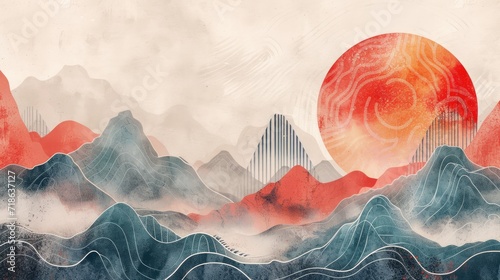 chinese and Japanese oriental line art mountain and sun watercolor abstract background photo