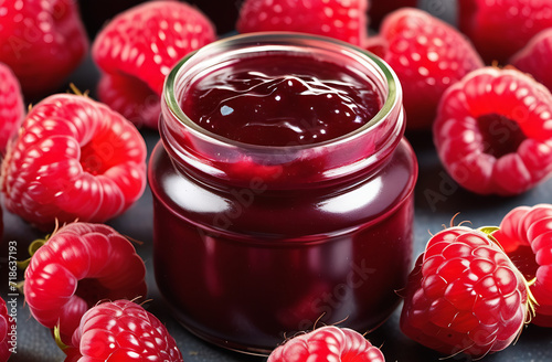 Raspberry jam in a jar with openn lid. photo