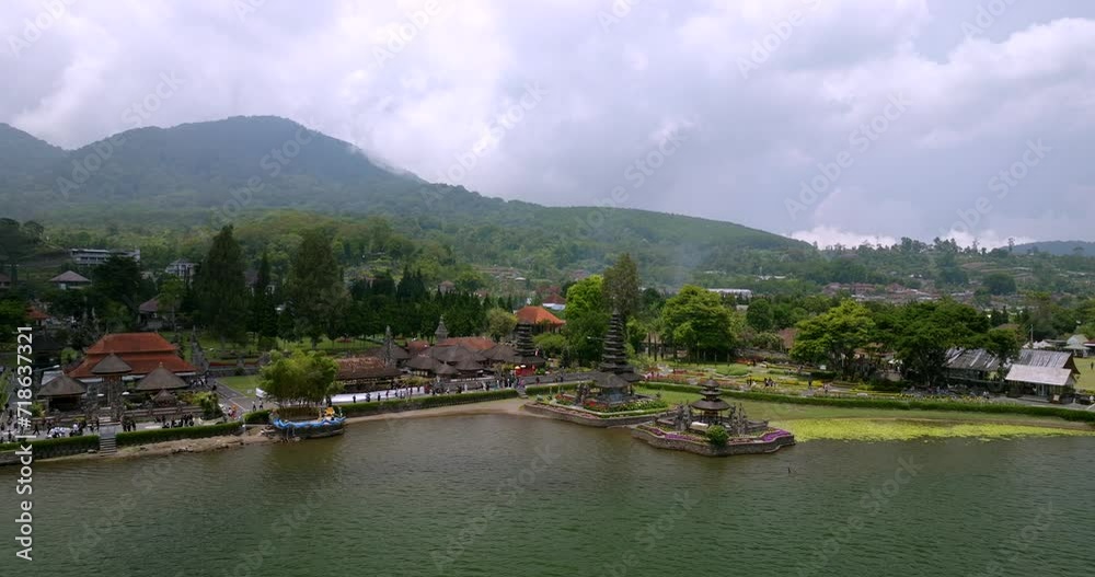 Ulun Danu Beratan Temple in Bali, drone view of the temple and surrounding area Ulun Danu Beratan Temple in Bali, drone view of the temple and surrounding area