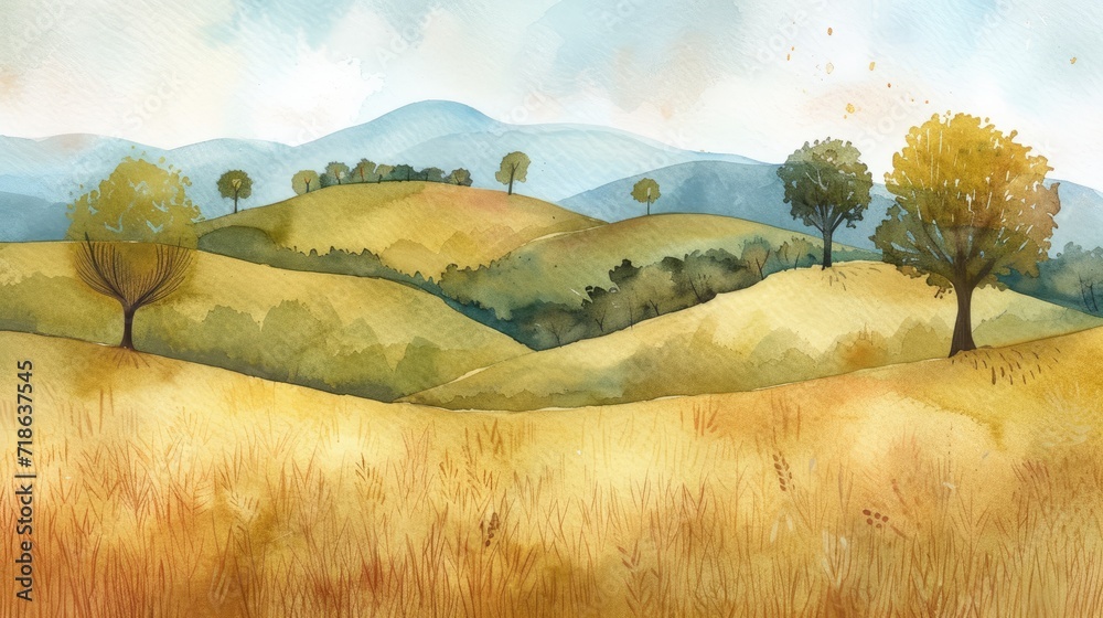 Fototapeta premium Landscape watercolor of peaceful hills and trees
