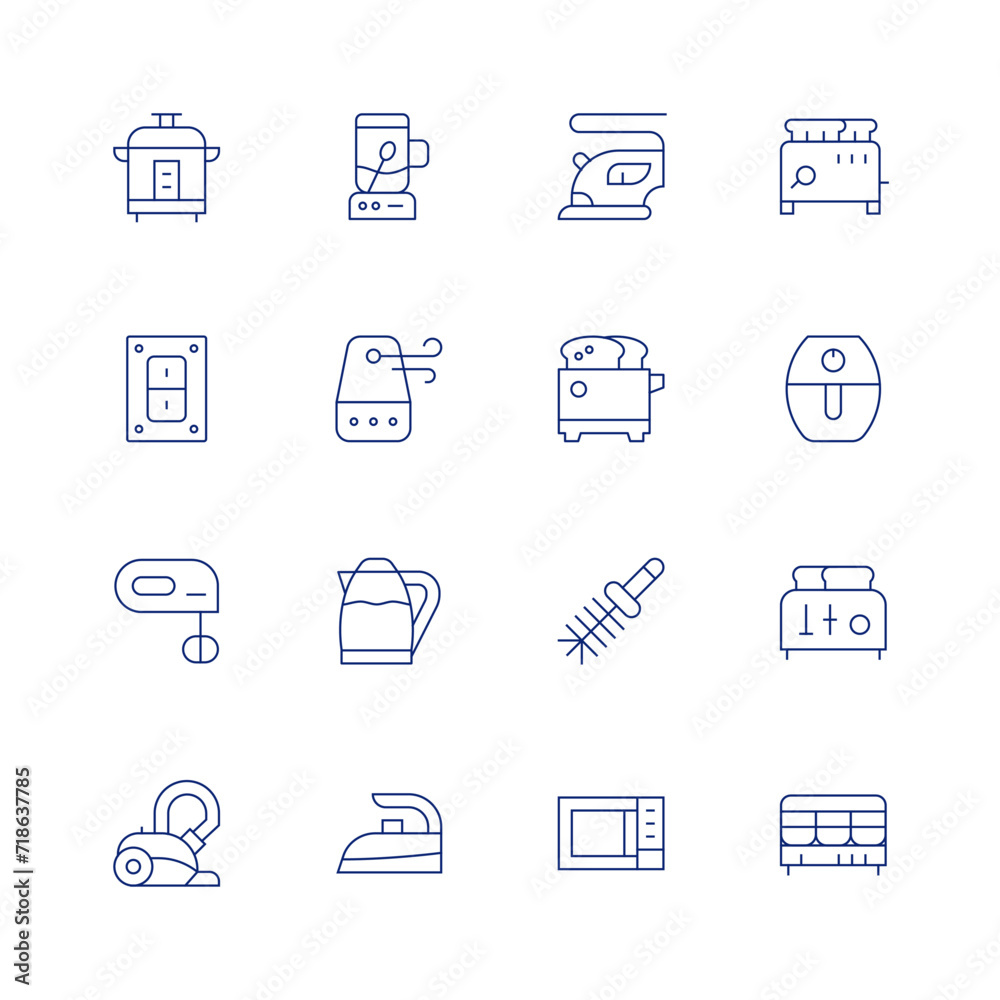 Appliances line icon set on transparent background with editable stroke. Containing homeappliances, lightswitch, handmixer, vacuumcleaner, spoon, humidifier, electrickettle, iron, clothesiron.