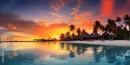 Landscape of an exotic tropical island beach at sunset