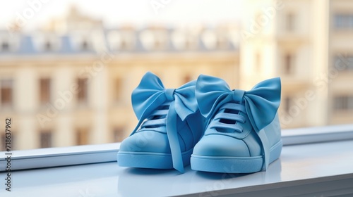 Fashionable blue sneakers with blue bows. The trend for bows in 2024. Shoes with bows