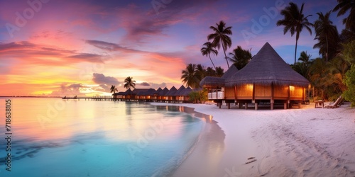 Landscape of an exotic tropical island beach resort at sunset