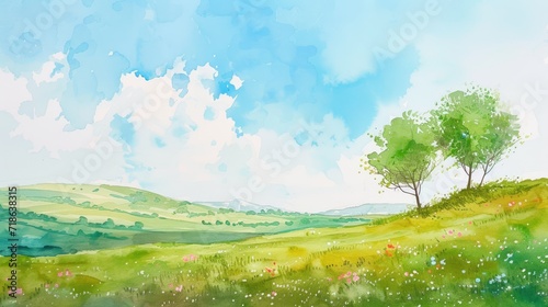 minimalist watercolor painting of Spring panoramic landscape