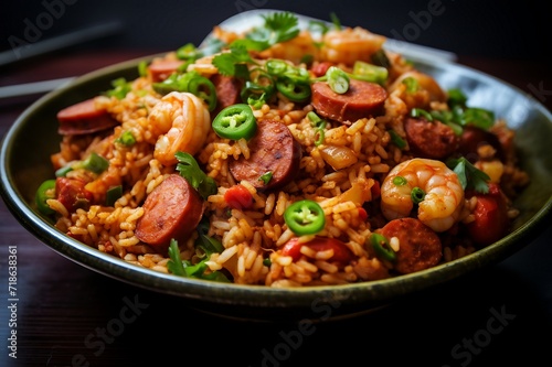 Spicy homemade Jambalaya. prawns and vegetables.