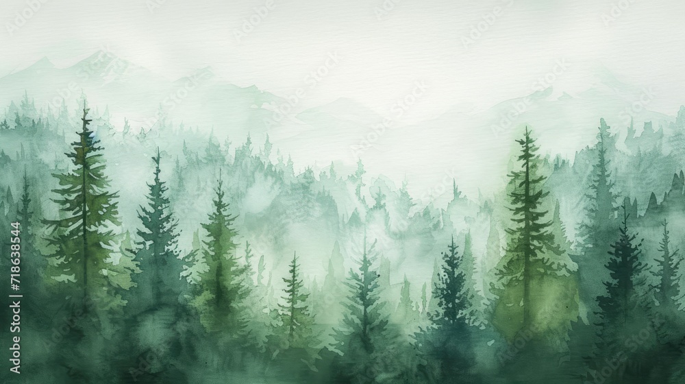 Watercolor painting of a spruce forest