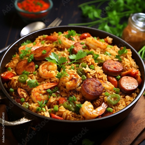 Spanish paella with shrimps, sausages and vegetables