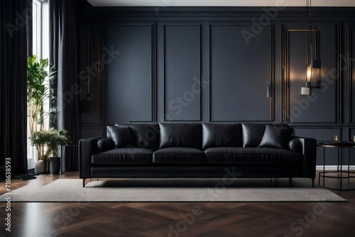 black sofa with black wall background