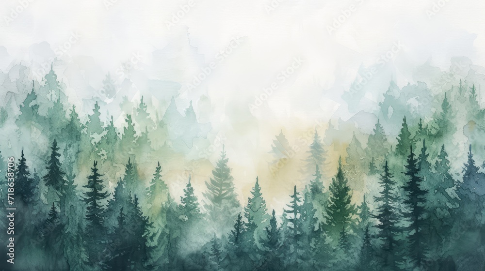 Watercolor painting of a spruce forest