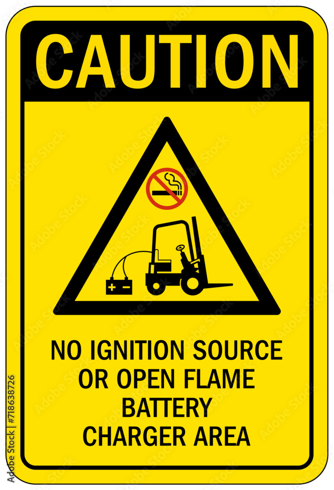 Truck warning sign and labels no ignition source or open flame battery charger area Truck warning sign and labels no ignition source or open flame battery charger area
