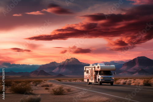 A Camper van driving in a desert landscape at sunset