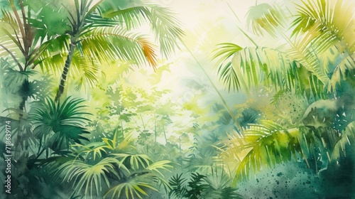 watercolor painting of green tropical vegetation