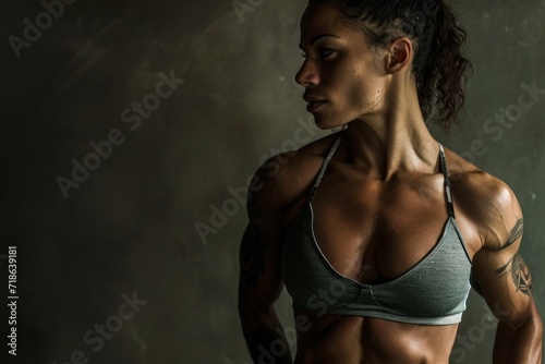 Confident young woman in sportswear looking away with dramatic lighting on a neutral background.