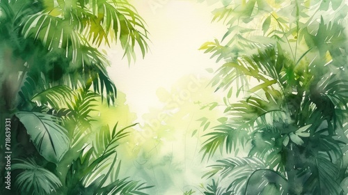 watercolor painting of green tropical vegetation