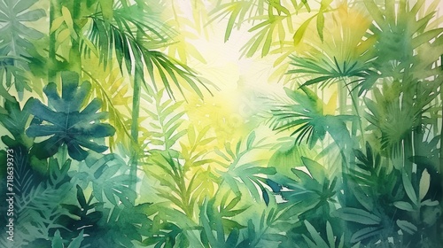 watercolor painting of green tropical vegetation