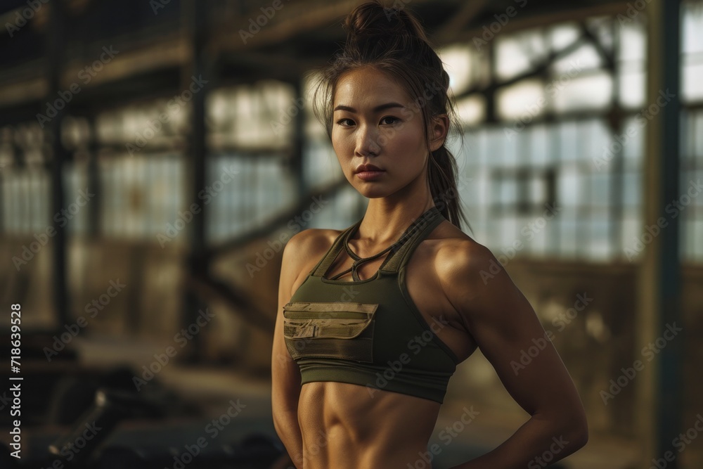 Confident young woman in sportswear looking away with dramatic lighting on a neutral background.