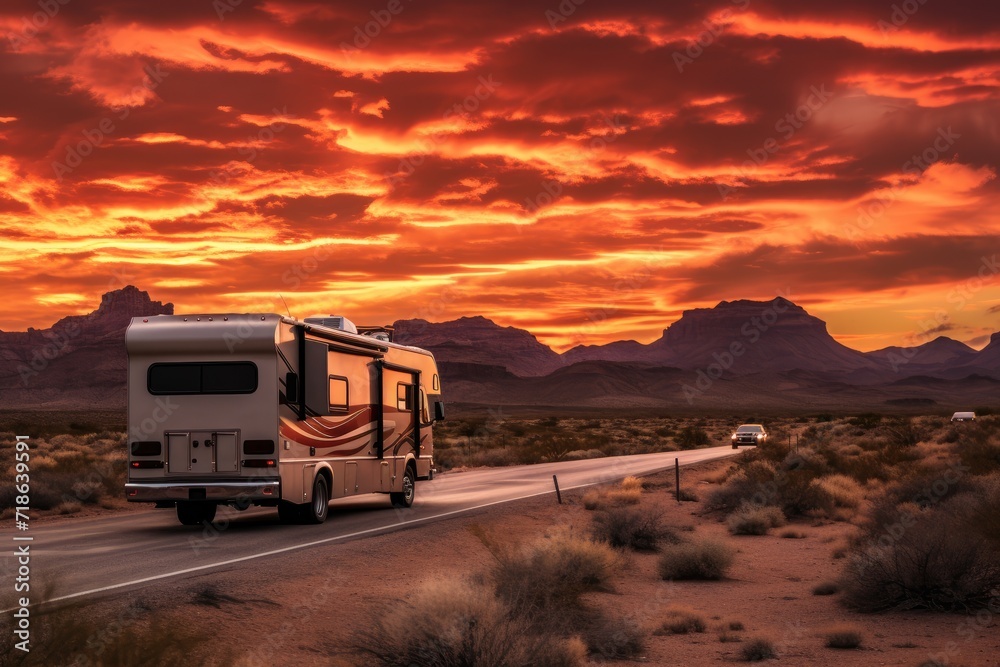 A campervan RV trough a desert at sunset