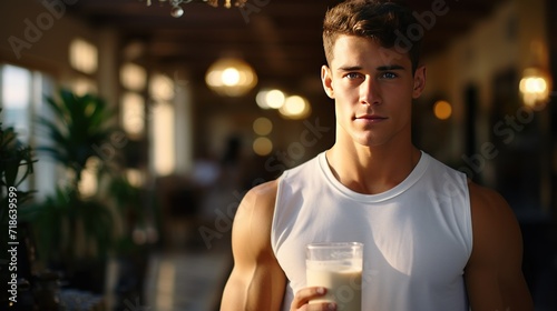 Young man drinking a glass of milk in a cafe. Portrait of a young man holding a glass of milk.