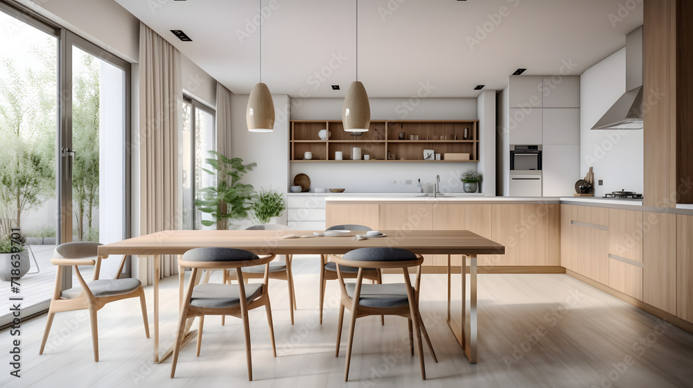 Dining room and kitchen in a new open plan home. Features White walls and ceiling and parquet floors. Beautiful furniture made of wood and marble light-colored furniture fronts - obrazy, fototapety, plakaty 