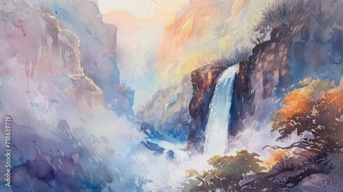 vintage watercolor painting of waterfall view in the canyon