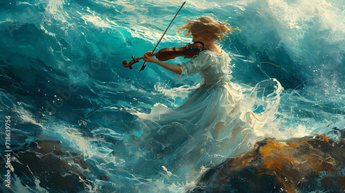 an old girl with a violin playing on a rock between the ocean, generative ai