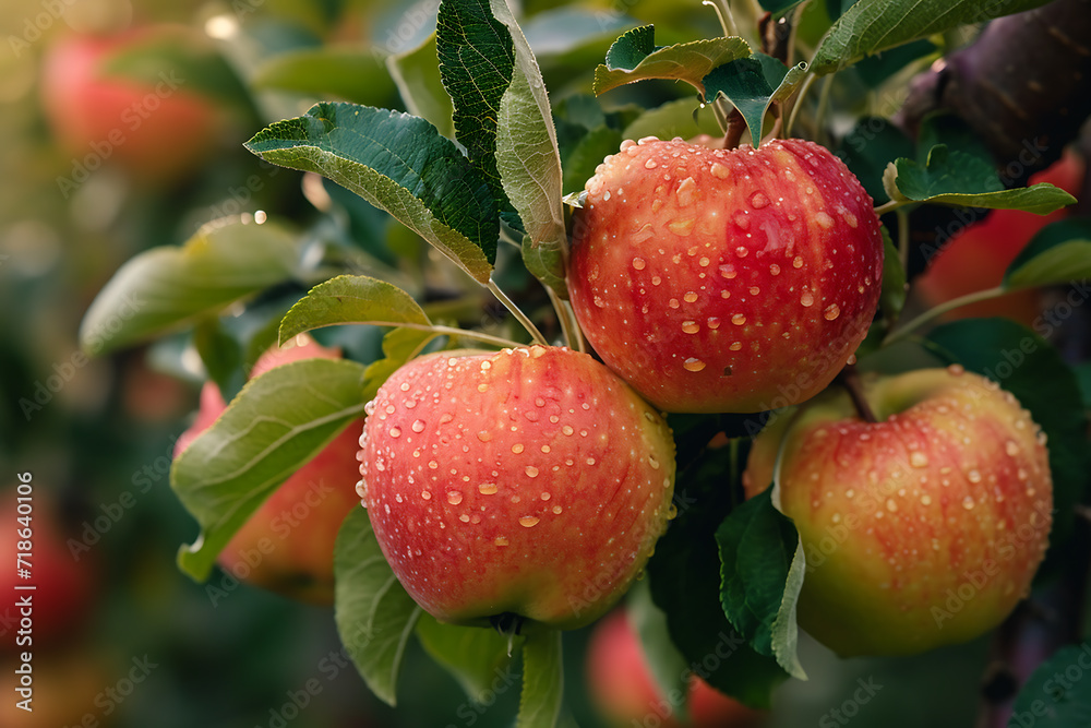 Obraz premium Ripe red apples on a tree branch in an orchard.