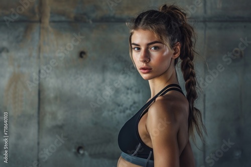 Confident young woman in sportswear with a ponytail looking over her shoulder in a gritty  urban setting.