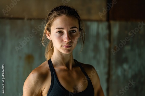 Portrait of a focused young woman in athletic wear in a gritty, industrial setting. photo
