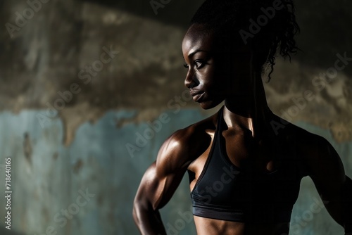 Silhouette of a fit woman with defined muscles in a gym  dramatic lighting.