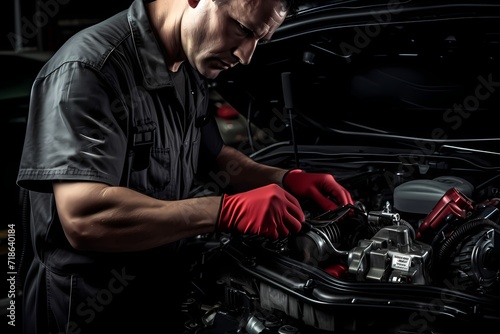 A mechanic inspecting the engine of a car, with a diagnostic tool in hand, identifying issues and ensuring optimal performance.