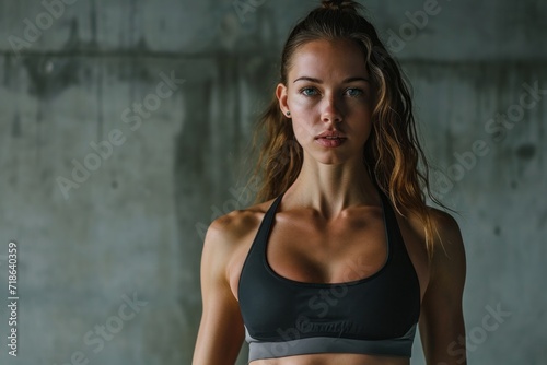 Confident young female athlete in sportswear standing against a gritty concrete wall, looking determined and focused.
