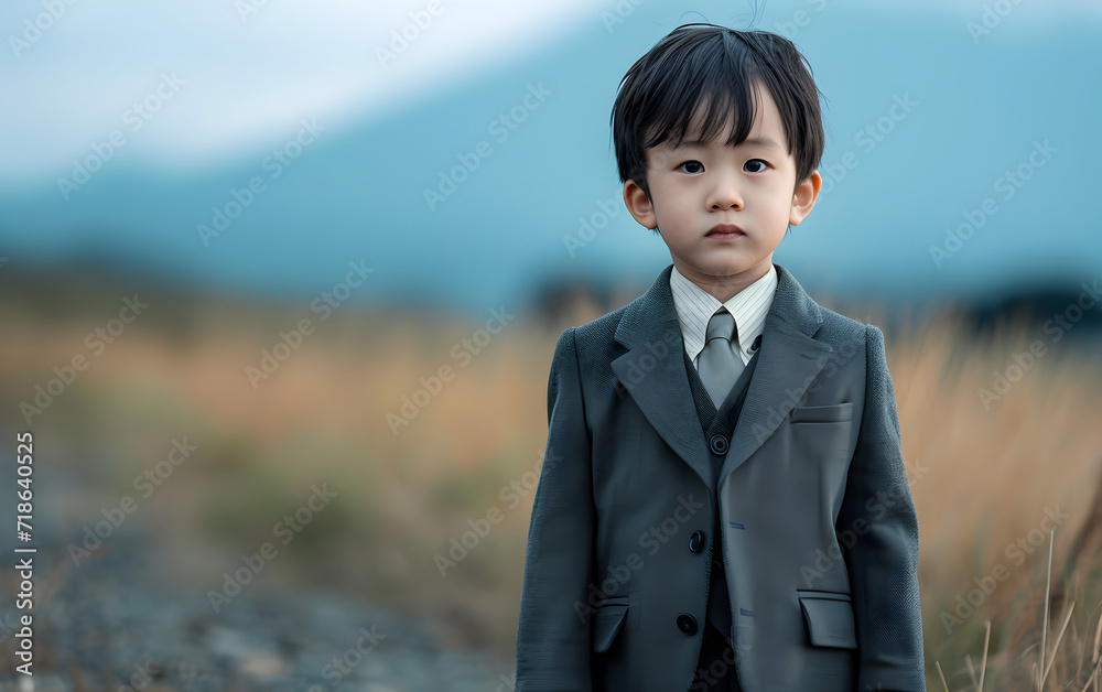 Serious Boy in Suit Standing at Empty Road Serious Boy in Suit Standing at Empty Road