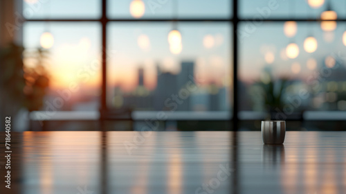  cup on wooden table with city view