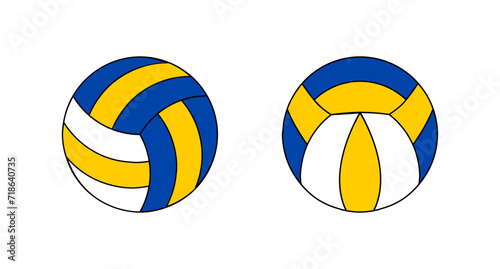 Close up of two volleyball balls, one with a yellow stripe and the other with a blue stripe. Suitable for sports and summer themed designs.