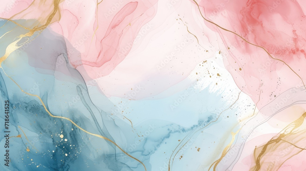 blue, pink, ivory, beige watercolor and gold line art abstract background