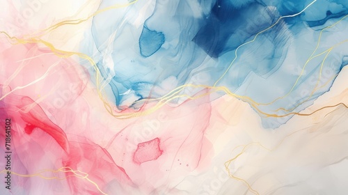 blue, pink, ivory, beige watercolor and gold line art abstract background © fledermausstudio