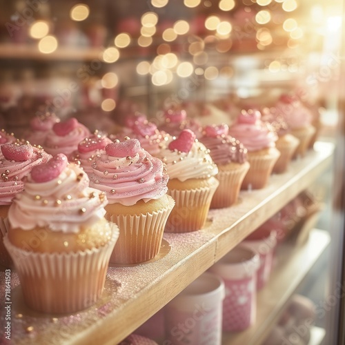 Selection of colorful, tasty, sweet cupcakes at the local bakery display. 